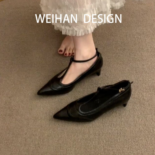 羊皮版！复古气质尖头浅口小猫跟高跟鞋女T字带设计感镂空凉鞋 - 封面