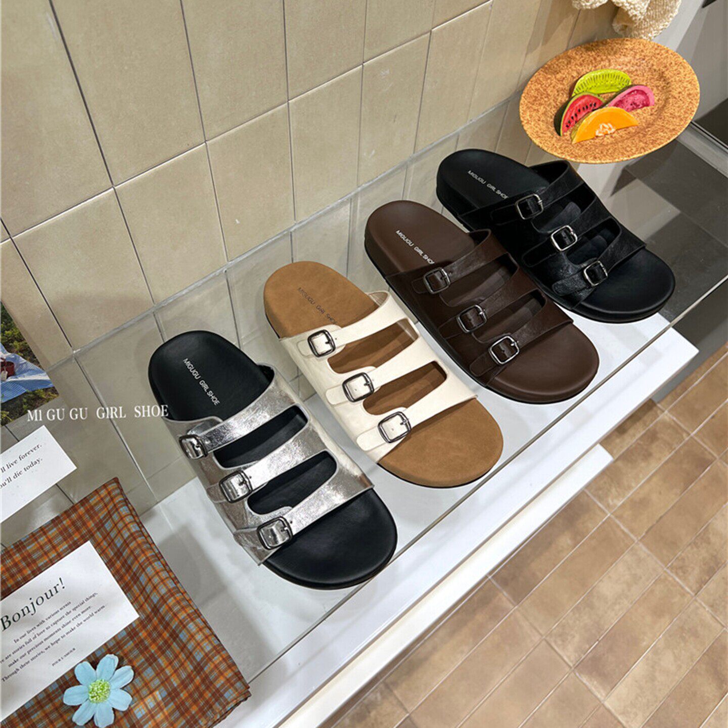 厚底勃肯鞋皮带扣一字拖