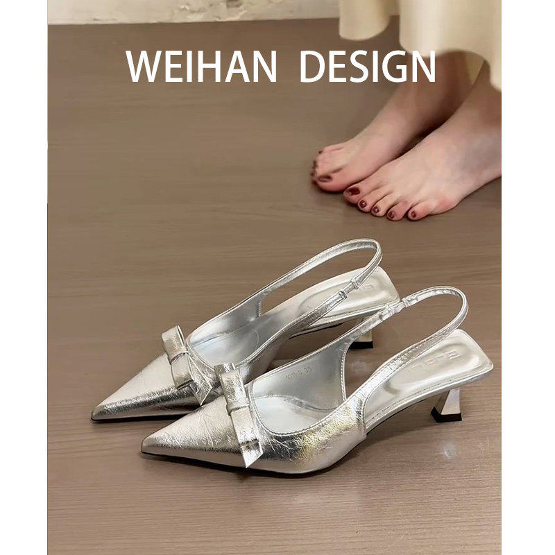羊皮版！气质银色尖头蝴蝶结高跟鞋女细跟名媛包头凉鞋配裙子单鞋