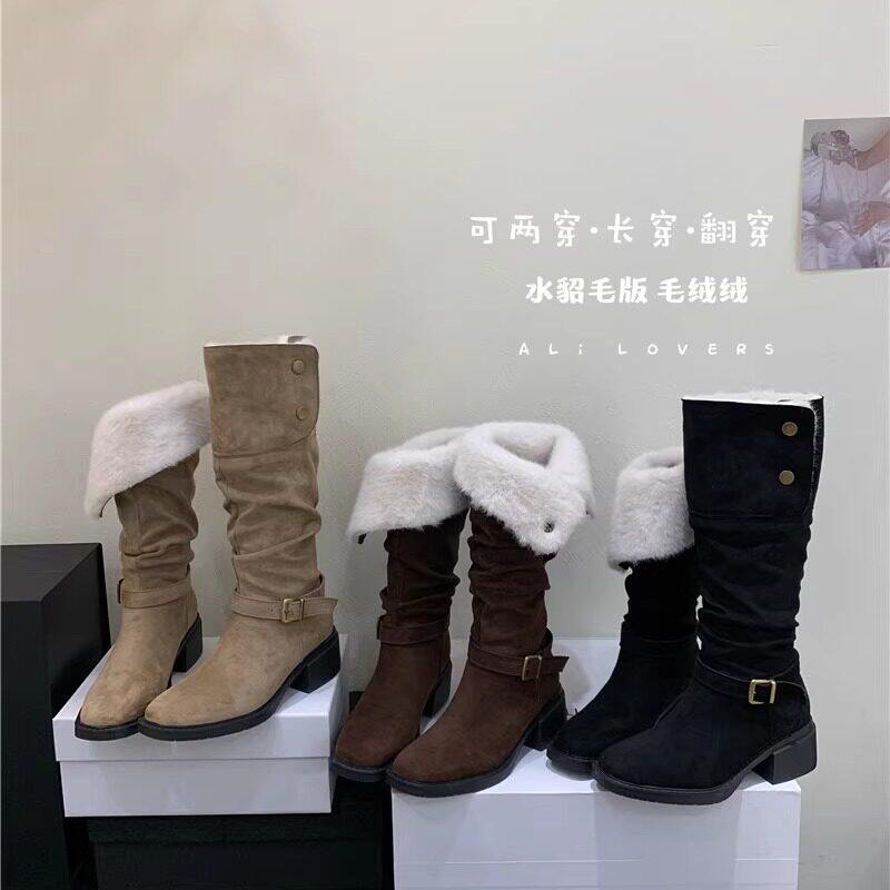 粗跟绒面方头长靴加绒女2
