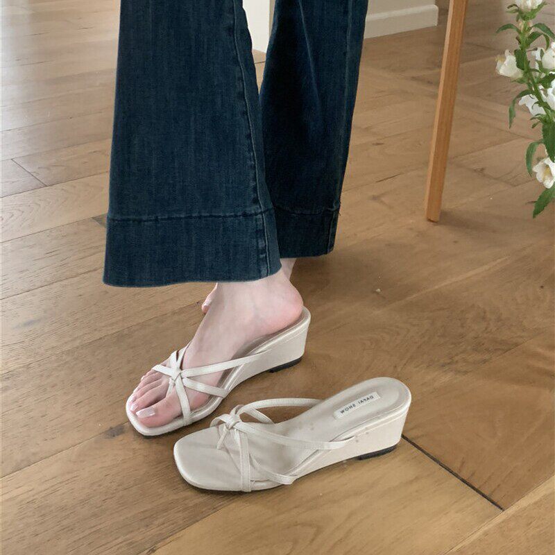 法式坡跟夹趾拖鞋女夏外