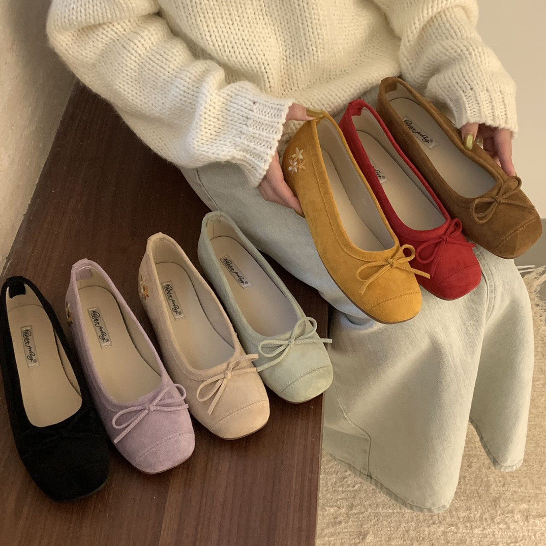 内增高蝴蝶结绒面单鞋女2026春夏新款芭蕾舞鞋刺绣花新中式通勤鞋