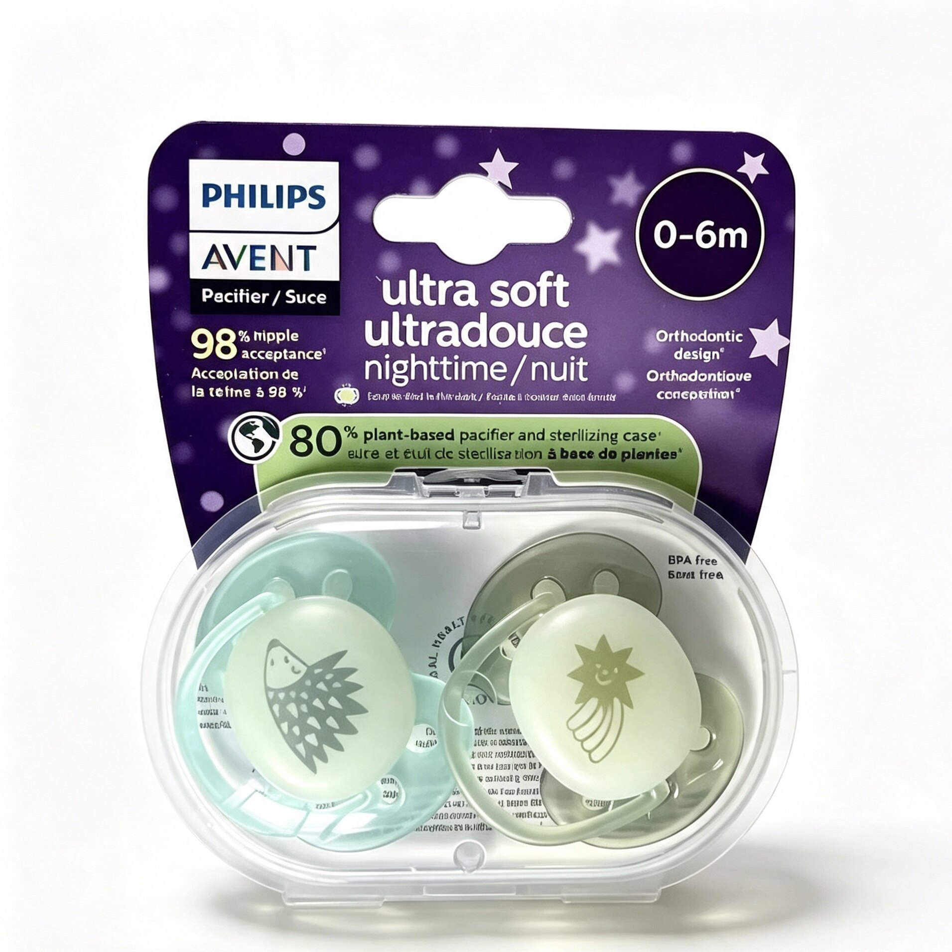 夜用发光0-6月飞利浦PHILIPS安抚奶嘴新生儿扁头六孔马卡龙6-18月