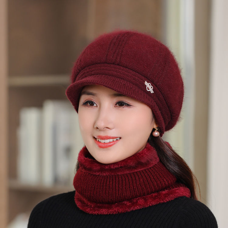 兔毛线帽加绒护耳保暖帽户外中老年人女秋冬天妈妈针织奶奶棉帽子