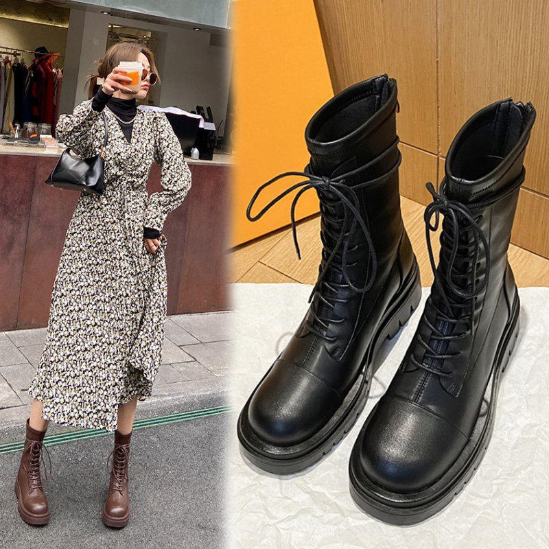 英伦风系带马丁靴女2022春秋新款真皮单靴中筒靴厚底后拉链短靴子