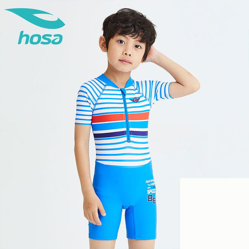 正品hosa浩沙儿童连体泳衣男童宝宝泳裤条纹中大童防晒219132601