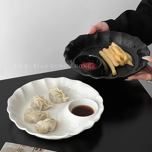ins风陶瓷饺子盘高颜值家用带醋碟蘸料分格盘薯条炸鸡盘早餐盘子