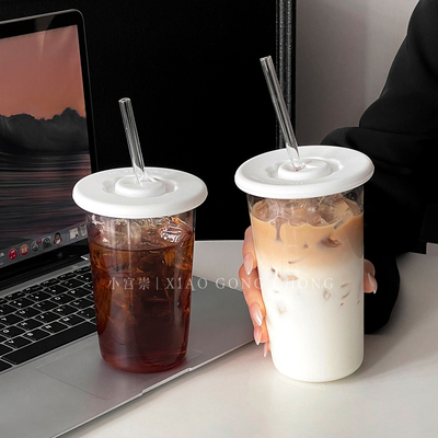 简约玻璃吸管杯带盖咖啡杯饮品杯