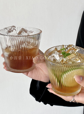 日式复古简约条纹玻璃杯ins茶杯果汁杯咖啡杯喝水杯牛奶杯酒杯子