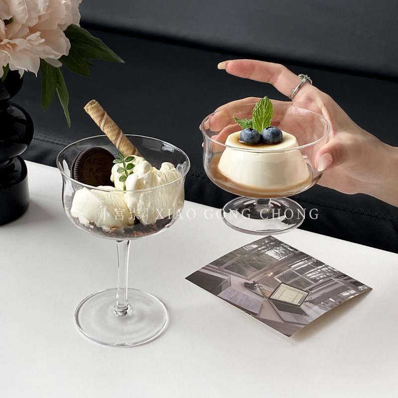 ins风简约竖纹高脚冰淇淋玻璃杯