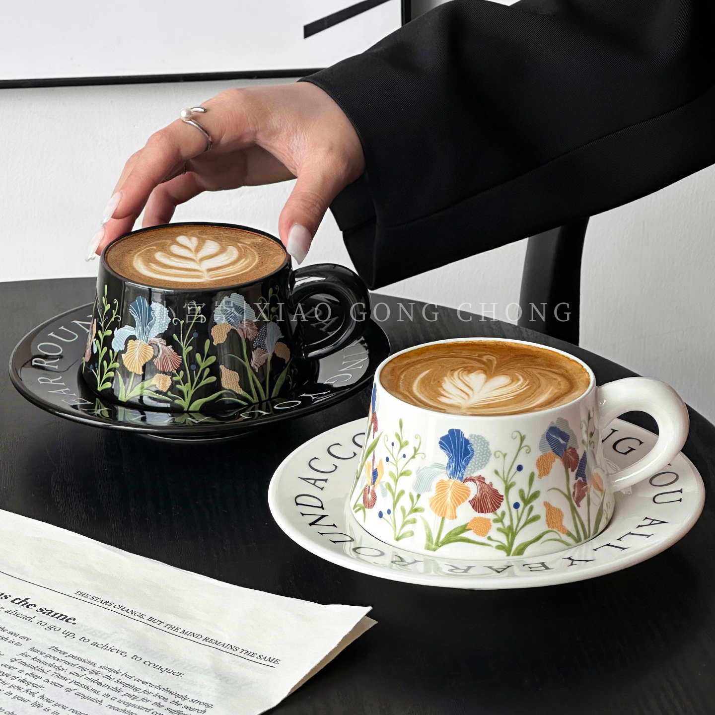 高颜值鸢尾花陶瓷咖啡杯碟家用复古精致拿铁拉花杯卡布奇诺摩卡杯,餐饮具,咖啡杯,淘宝优惠券,粉丝福利购,淘宝优惠卷
