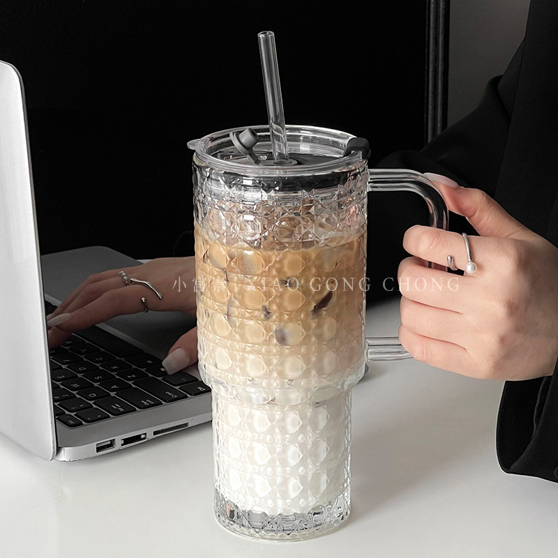 ins风家用菱格玻璃大容量吸管杯