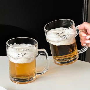 原创小猫扎啤杯大容量玻璃杯子家用带把精酿啤酒杯果汁杯咖啡杯