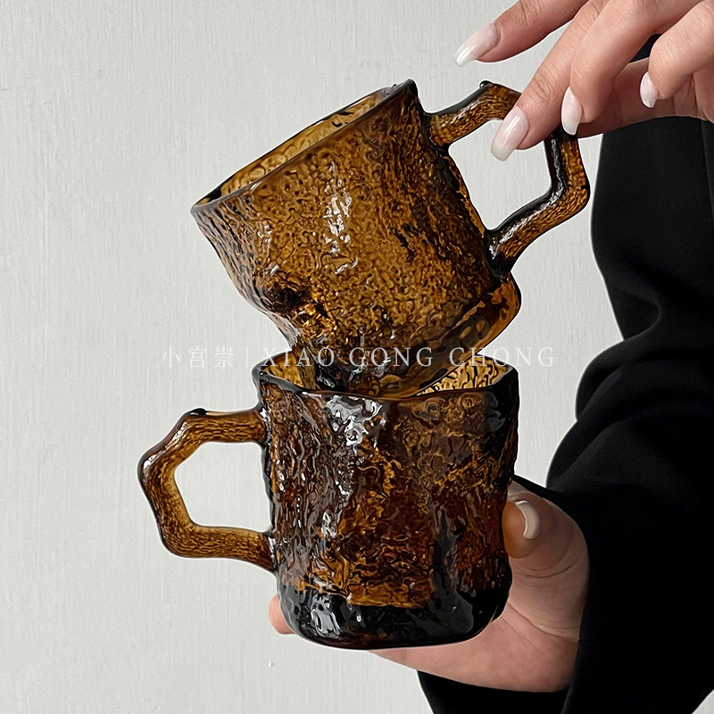 家用高级感琥珀玻璃带把水杯