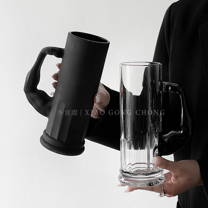 ins风磨砂黑玻璃大力士啤酒杯