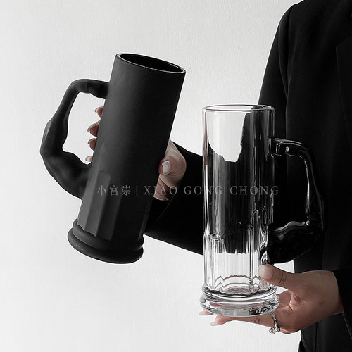 ins风磨砂黑玻璃大力士啤酒杯