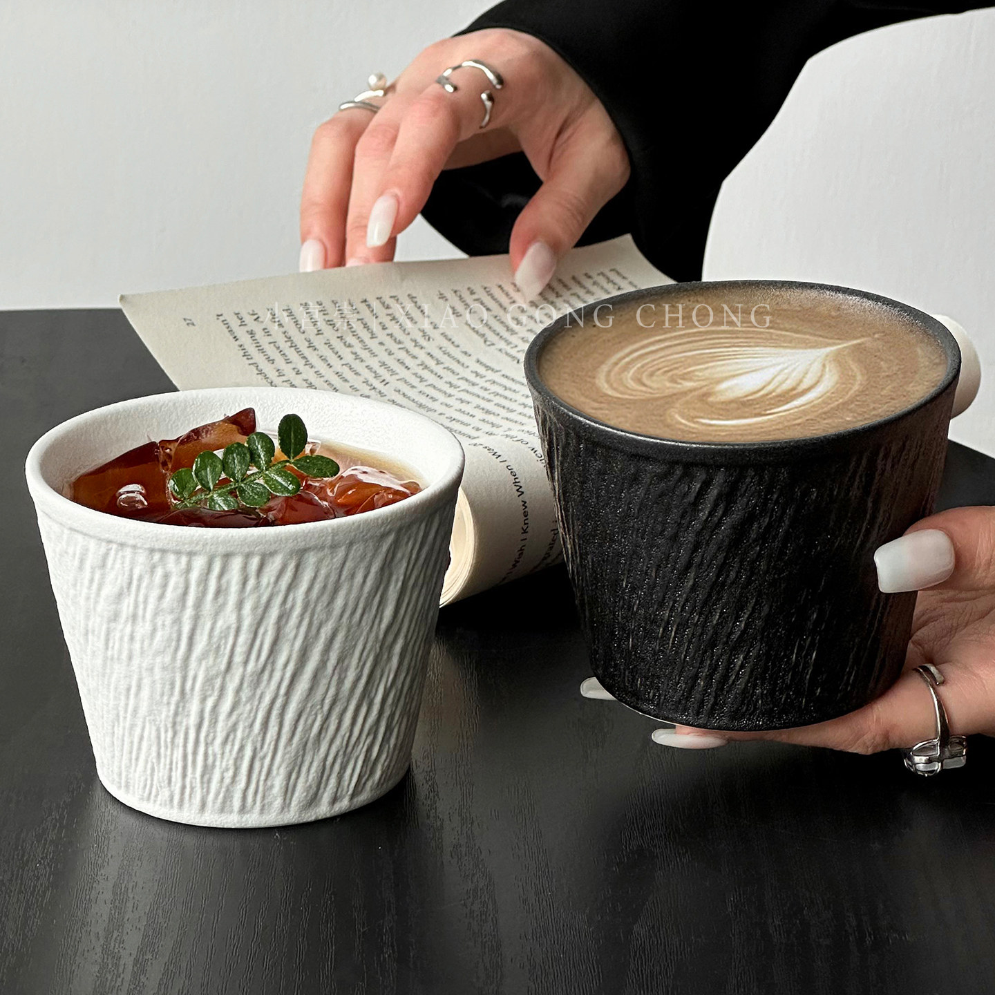 复古石纹咖啡杯陶瓷手握杯家用简约猪口杯下午茶拉花杯拿铁早餐杯