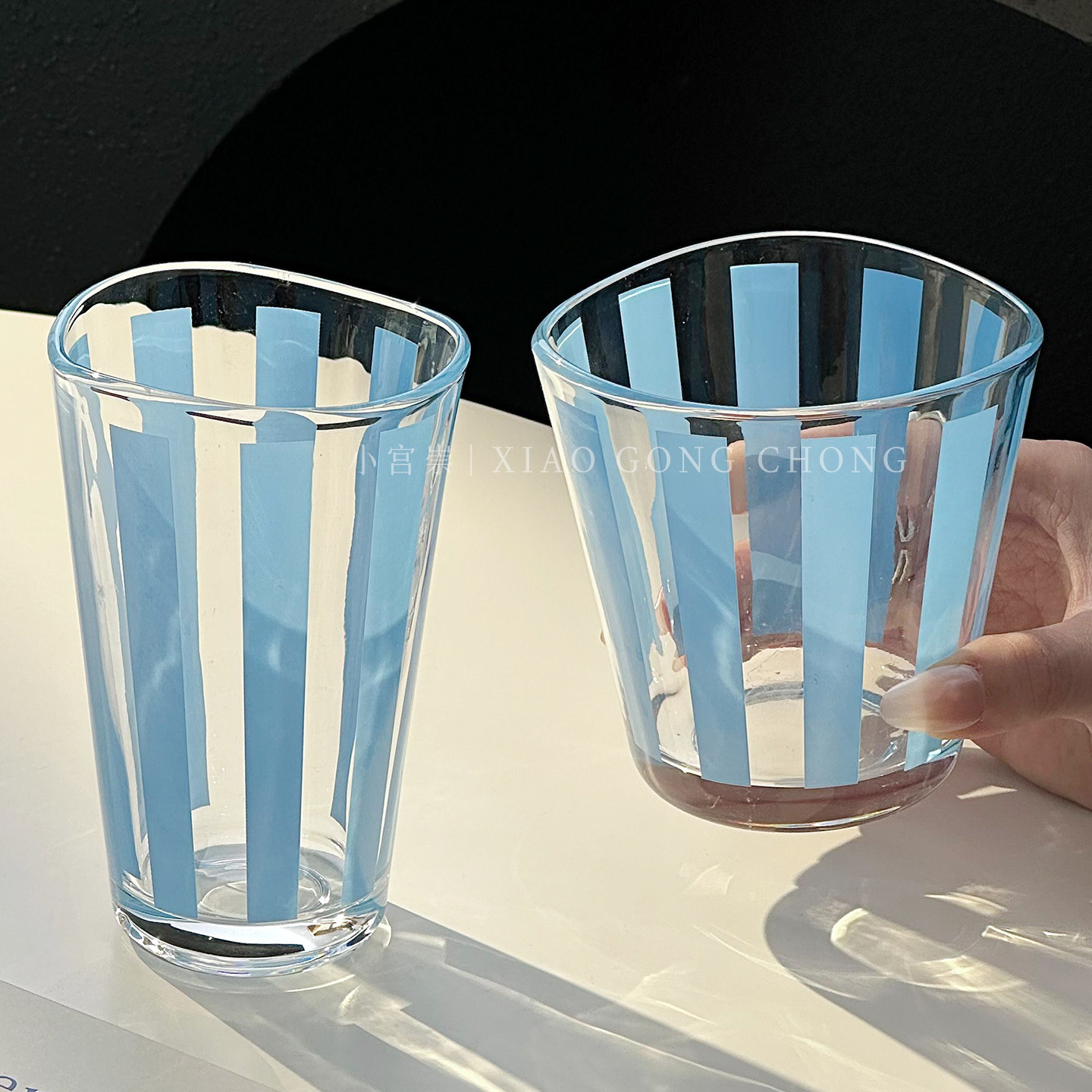 高颜值夏天治愈蓝色条纹玻璃杯子