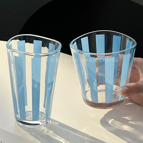 高颜值夏天治愈蓝色条纹玻璃杯子