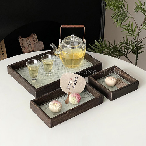 中式复古方形玻璃海棠花纹托盘
