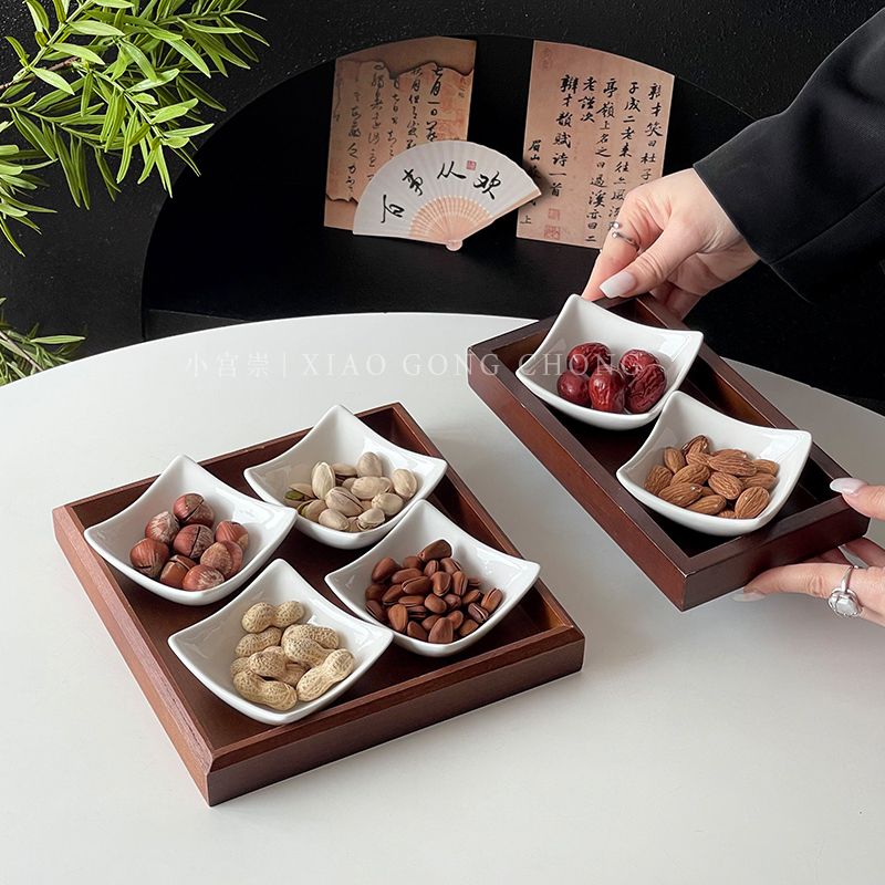中式复古分格果盘家用陶瓷干果盘