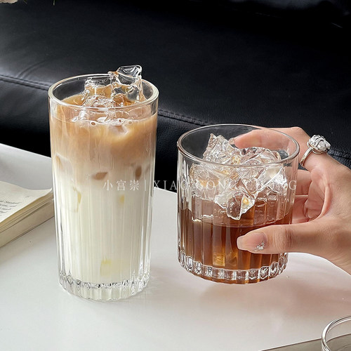 竖条纹玻璃杯冰美式咖啡杯