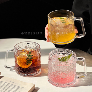 ins风玻璃刻花咖啡杯家用创意高颜值透明带把水杯饮品杯马克杯子