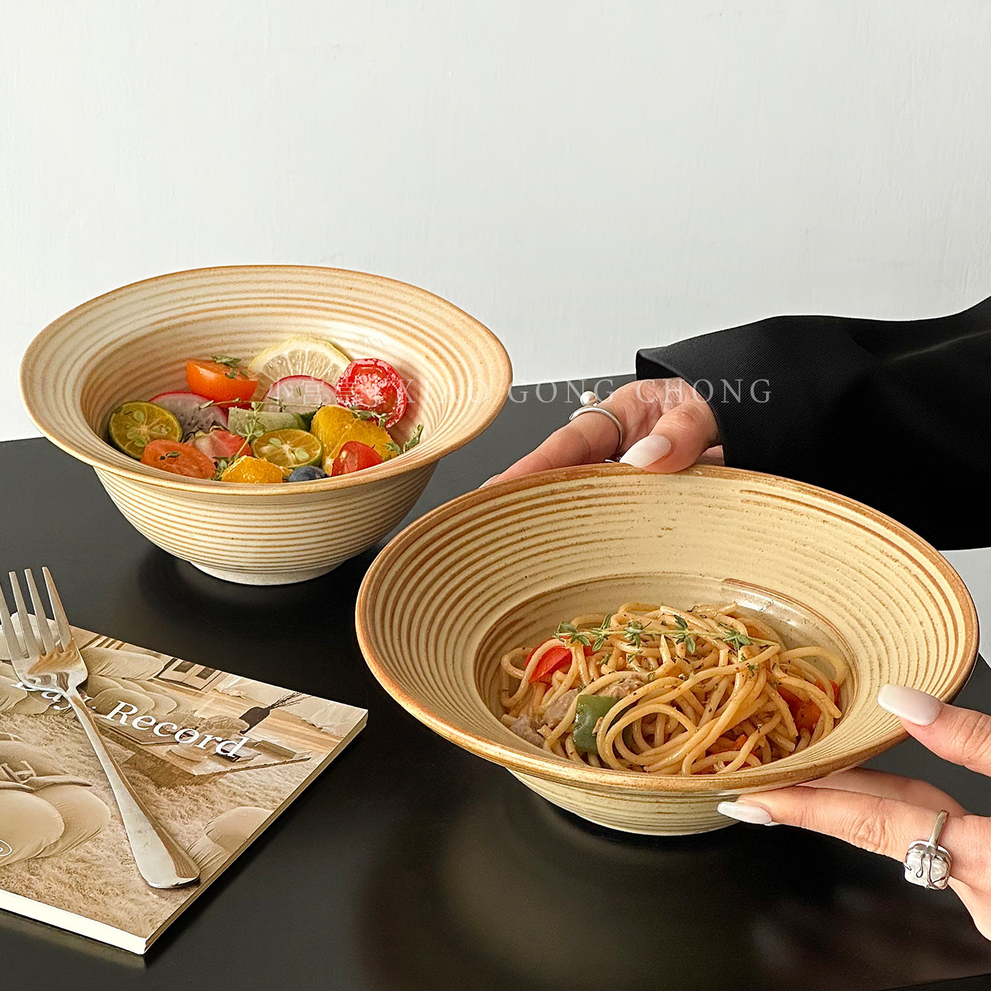 复古粗陶草帽碗高颜值沙拉碗螺纹汤碗日式家用碗意面碗拉面碗餐具