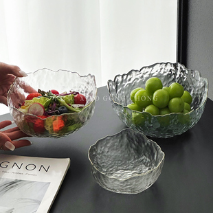 ins风金边透明玻璃碗蔬菜沙拉碗高颜值锤纹水晶水果盘家用餐具碗