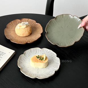 复古创意花型甜品盘高颜值粗陶盘子精致下午茶蛋糕盘点心盘水果盘
