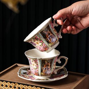 金边宫廷咖啡杯碟精致轻奢下午茶茶具 创意高颜值花卉陶瓷杯西式