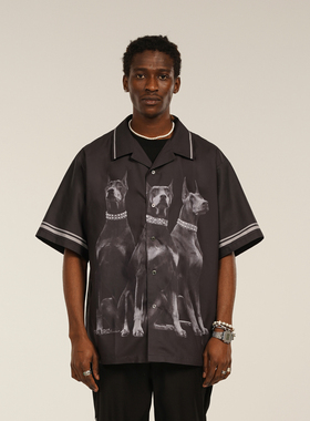 EMPTY REFERENCE 咖色黑色杜宾犬印花短袖衬衫男潮流宽松休闲衬衣