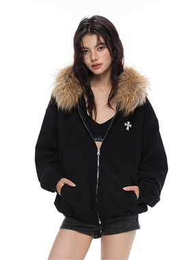 Archivum 百搭LOGO宽松可拆卸貉子毛连帽套头卫衣开衫外套情侣