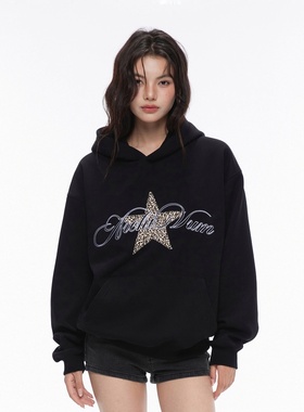 Archivum 美式复古豹纹星星印花图案加绒套头连帽宽松卫衣长袖秋