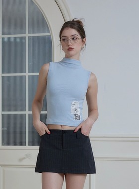 ARCHIVUM 美式小高领复古磨毛背心修身显瘦 贴布无袖打底弹力上衣