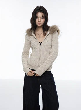 Archivum 刺绣LOGO可拆卸毛领连帽百搭套头针织麻花毛衣开衫外套