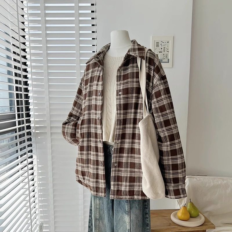 格子羽绒服女2024年新款冬季韩版情侣bf风宽松慵懒轻薄款衬衫外套