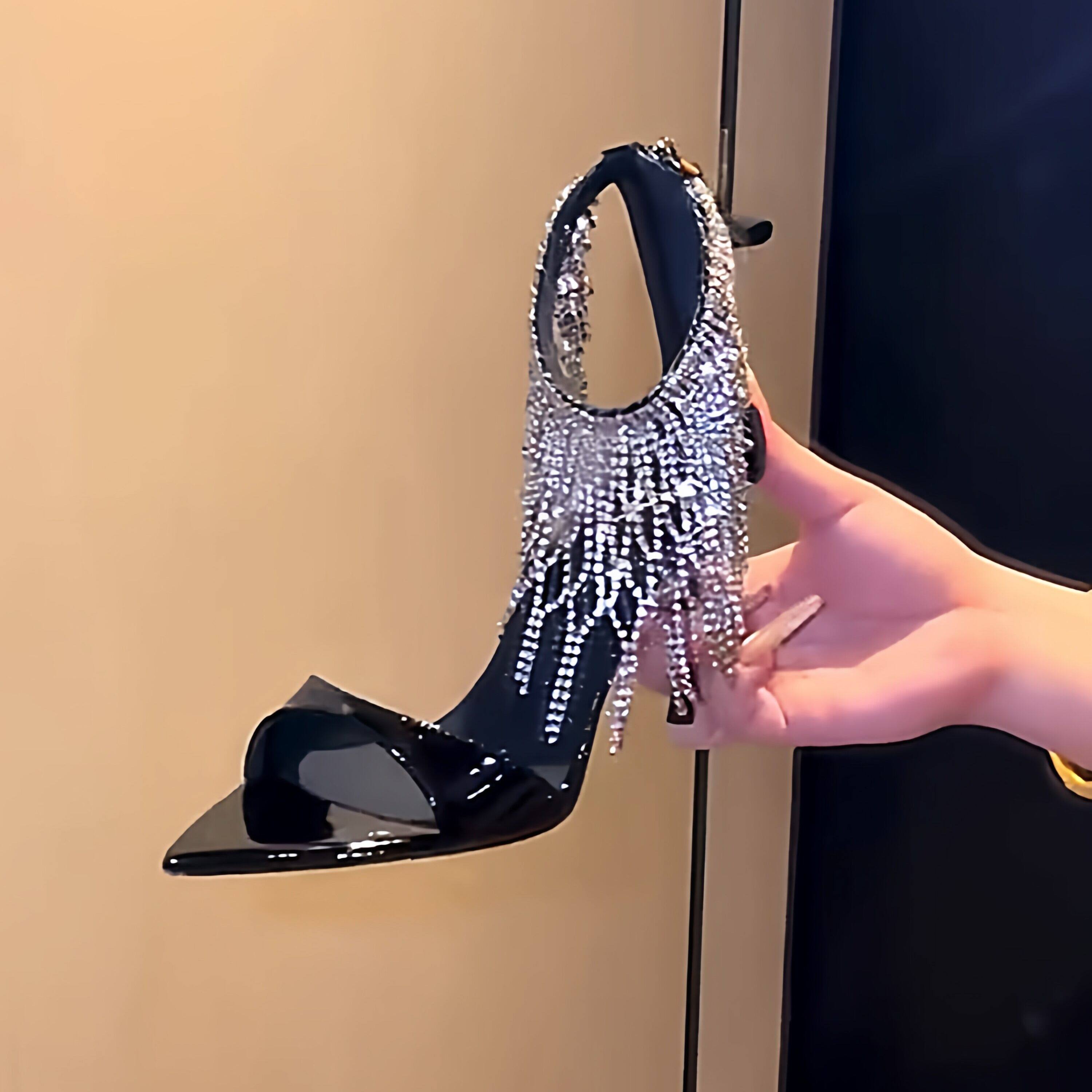 高跟鞋女尖头细跟鱼嘴黑色漆皮水钻链条流苏超闪水晶性感名媛凉