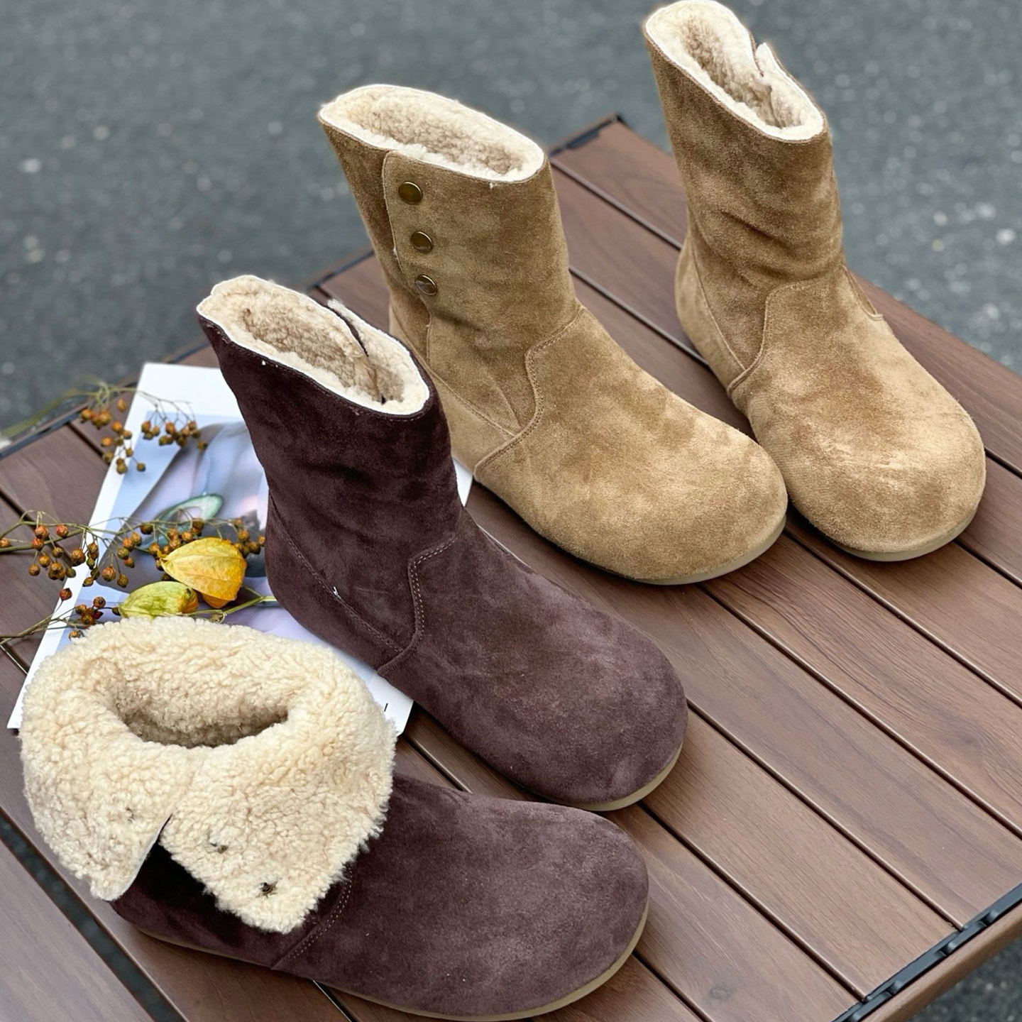 森系复古毛毛鞋勃肯厚底短靴