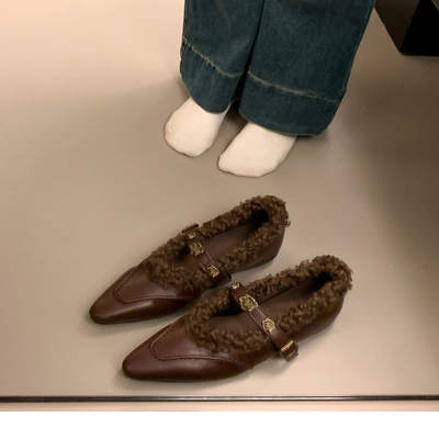 内增高玛丽珍单鞋尖头毛毛鞋女