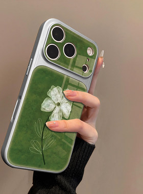 白色花朵适用苹果17promax手机壳iPhone16pro的新款15plus玻璃14男13女款情侣air高级感外壳保护套全包边