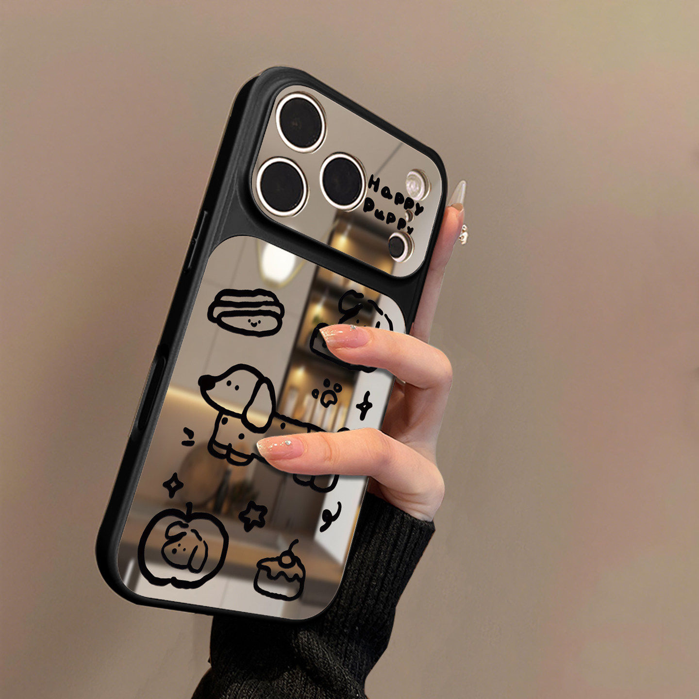 黑线条小狗适用苹果17promax手机壳iPhone16pro新款15plus防摔14镜面男13pro女款17air情侣12全包11pro保护套