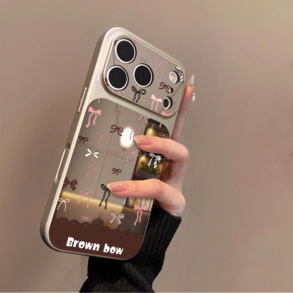 粉棕蝴蝶结适用苹果17promax手机壳iPhone16pro新款16plus镜面15大视窗套硅胶14防摔13女款全包air秒变17高级