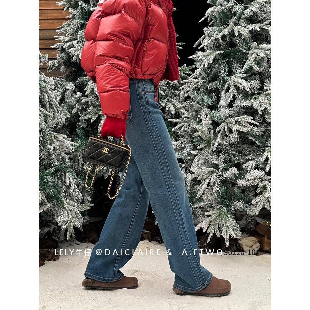 代嘉儿加绒直筒牛仔裤女96220-10冬季加厚阔腿裤高腰窄版拖地裤子