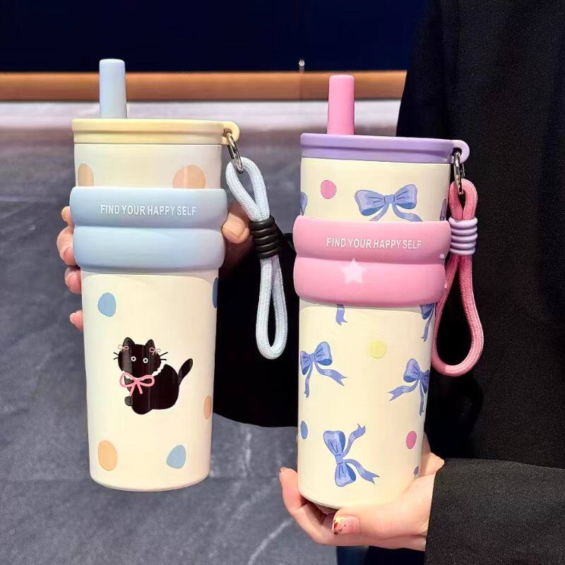 可爱保温杯女生高颜值水杯陶瓷内胆吸管杯办公上学带茶隔便携杯子