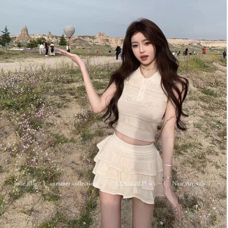 套装女小香风针织裙新款气质辣妹纯欲短款上衣半身蛋糕裙两件短裙