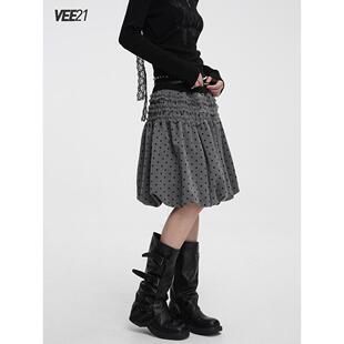 Vee21 灰色波点半身裙中裙花苞裙女早秋日系风格穿搭古早日杂裙子