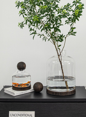 Edelweiss轻奢木托玻璃花瓶高级感 插花摆件马醉木 鱼缸 装饰