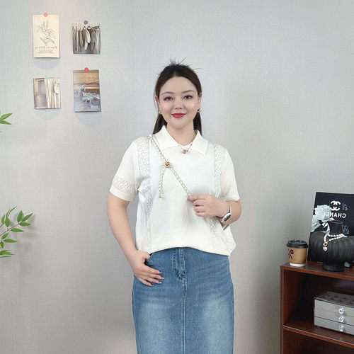 翻领短袖针织衫女大码T恤夏上衣