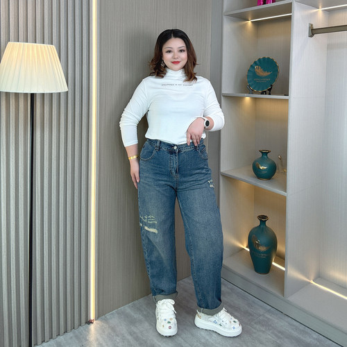 大码胖mm春秋破洞宽松哈伦牛仔裤